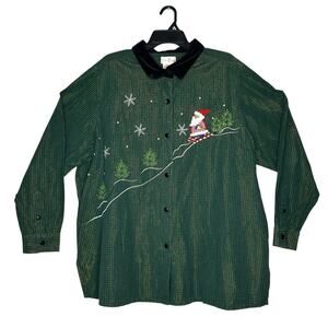 Bobbie Brooks Holiday Blouse Green Metallic Long Sleeve Velveteen Collar 26W/28W